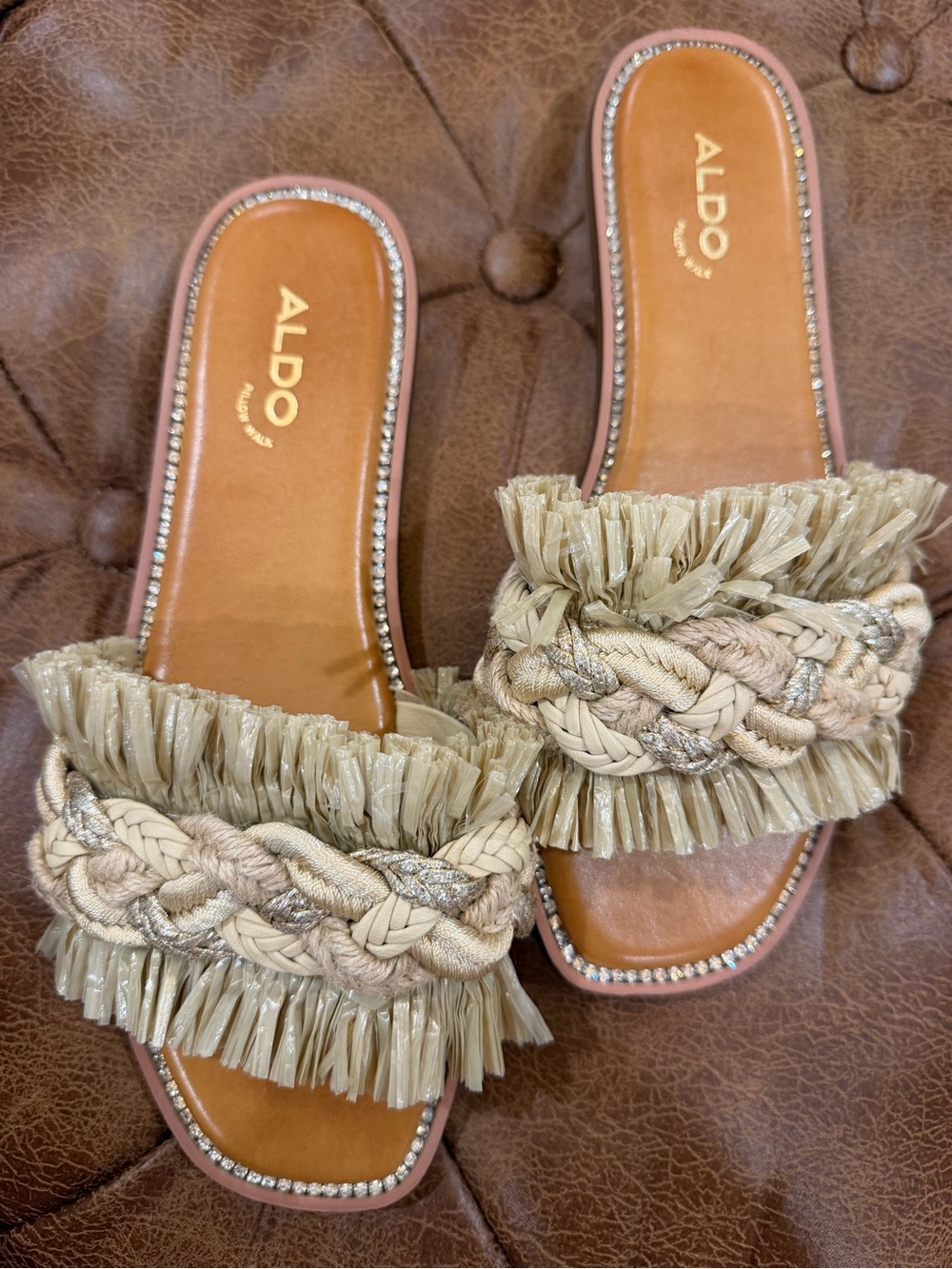 ALDO Braided Raffia Fringe Slide Sandals in Beige